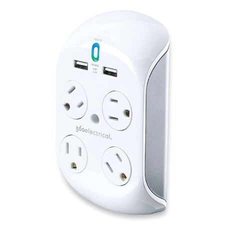 360 Electrical Revolve 3.4 Surge Protector, 4 AC Outlet, 2 USB Port, 918J, White/Gray 36038